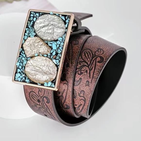 Pu Leather Boho Western Turquoise Gemstone Buckle Belt - Picture 2 of 6